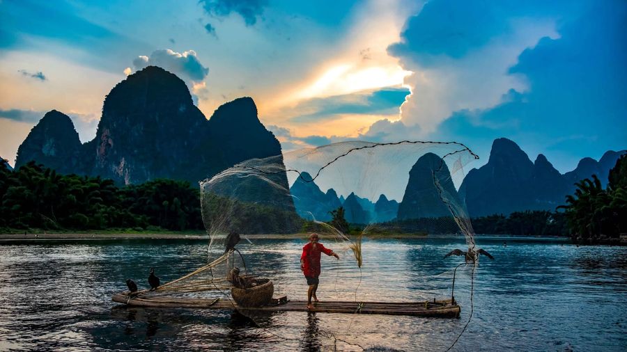 A cormorant fisherman on a bamboo raft casting his net at dusk on the Li River near Xingping, with two perched cormorants and silhouetted karst peaks rising behind him