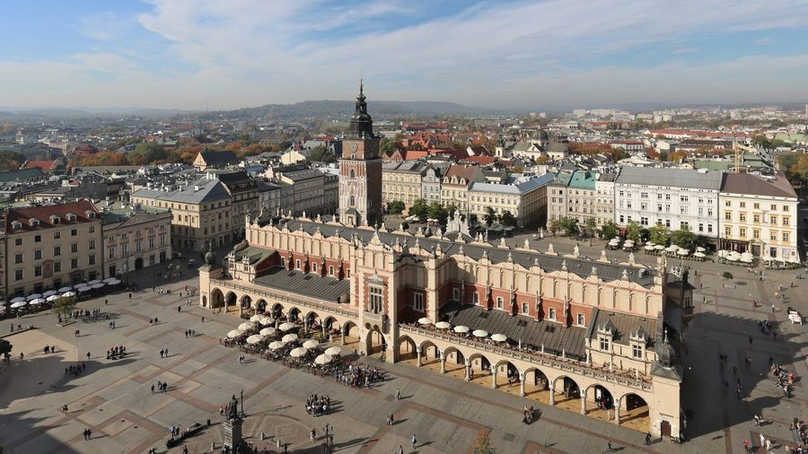 The long arcaded Renaissance Cloth Hall standing in the middle of Krakow's Main Market Square