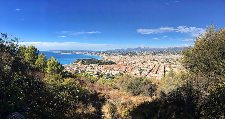 Panorama of Nice and the Baie des Anges seen from Mont Boron, with the Old Town, port, and the curve of the Mediterranean coastline